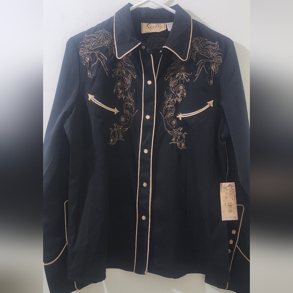 New Scully Embroidered Black Button Down Shirt,‎ Size Medium, Poly/Rayon.